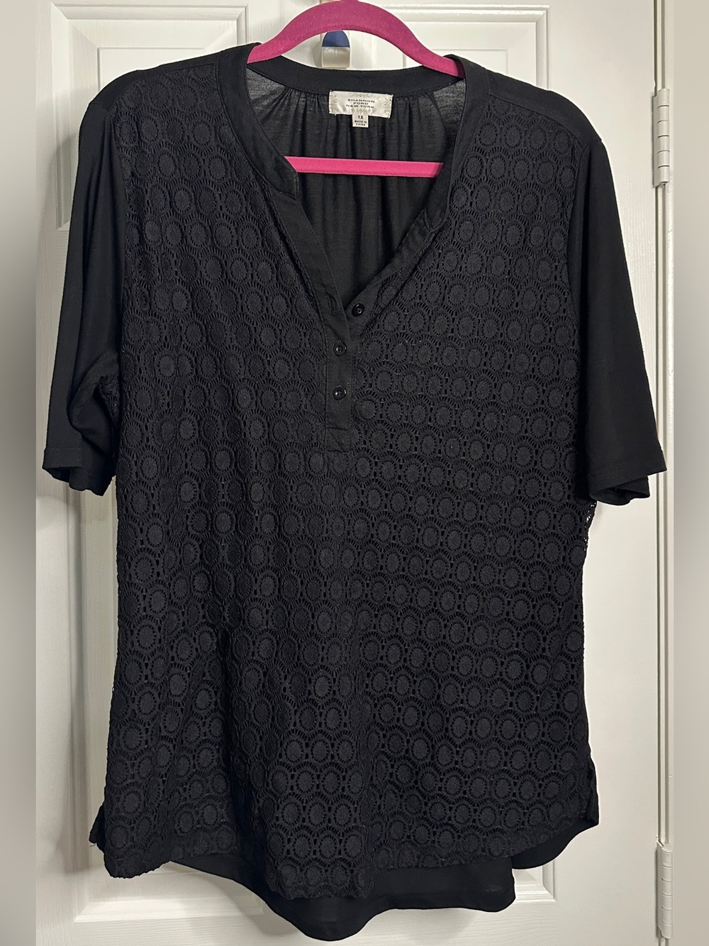 Black Crochet-Front Short Sleeve Henley Top